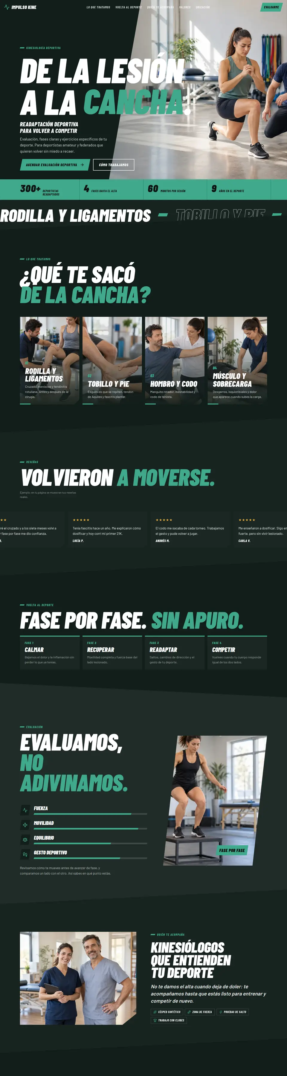 Página de ejemplo «Deportivo» para kinesiología, en formato computadora
