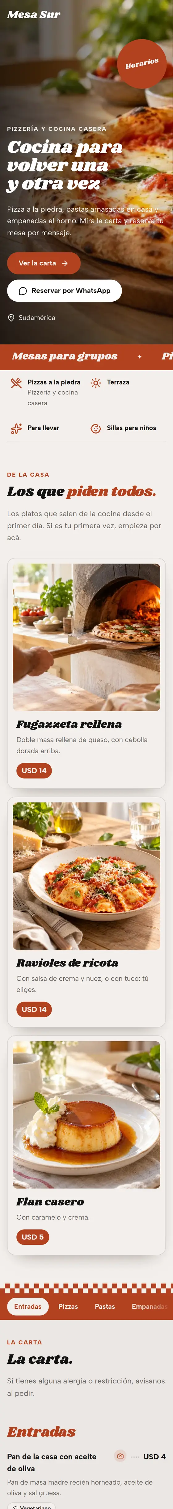 Página de ejemplo «Mesa» para restaurante, en formato celular